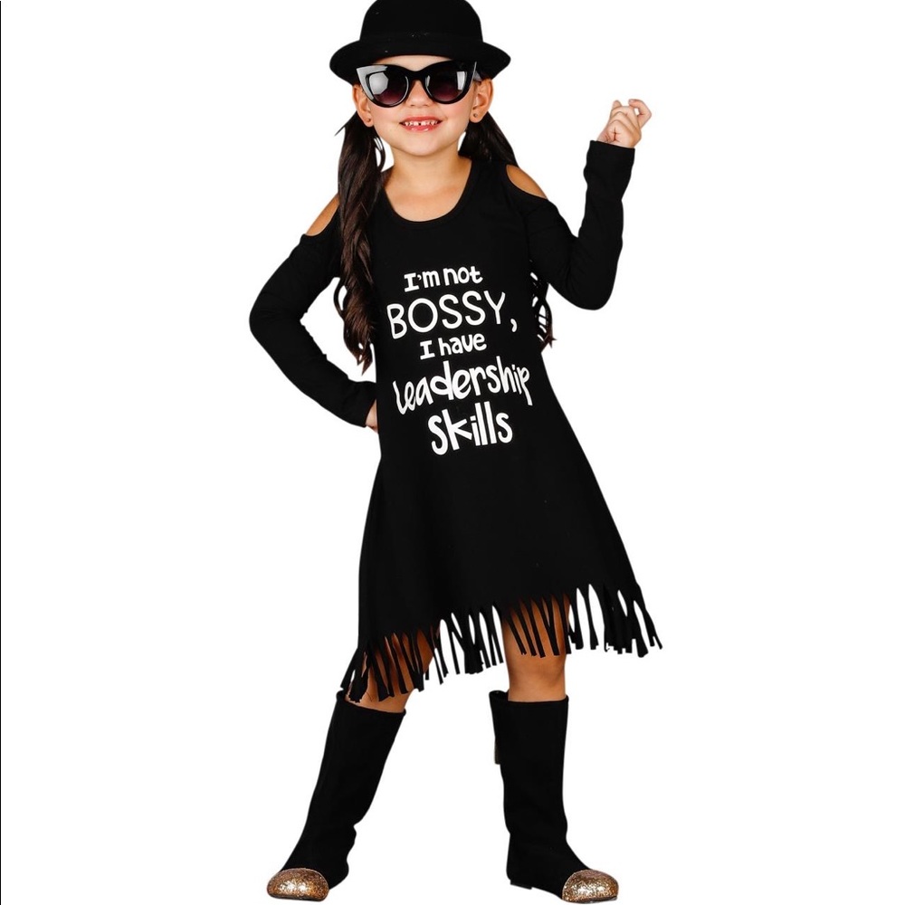 “I’m not bossy I have leadership skills“ black cold-shoulder fringe dress, 4T/5Y